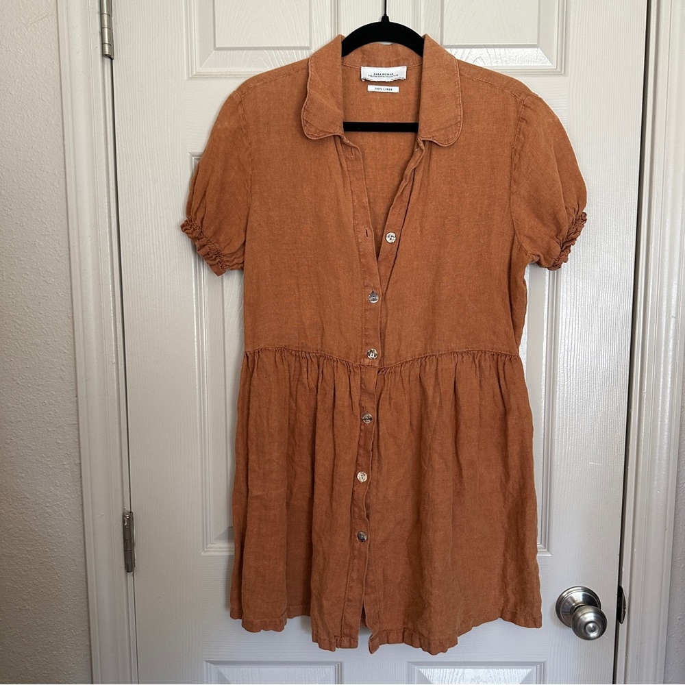 zara burnt orange terracotta 100% linen button up babydoll dress